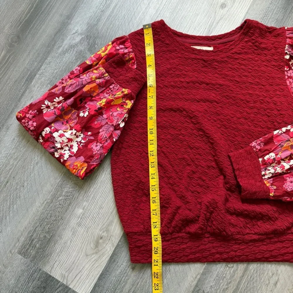 Anthropologie Porridge Textured Top Floral Sleeves Maroon Wine XS Oversized